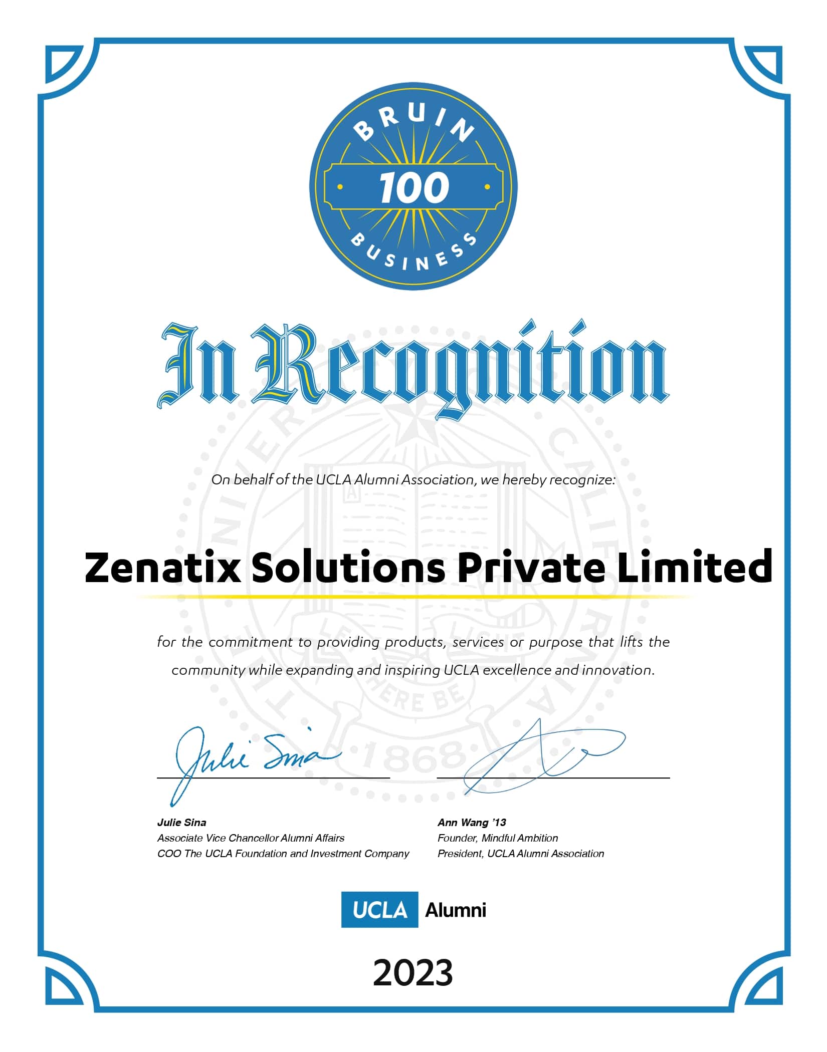 Zenatix Solutions Receives Bruin Business 100 Certificate of Excellence, 2023